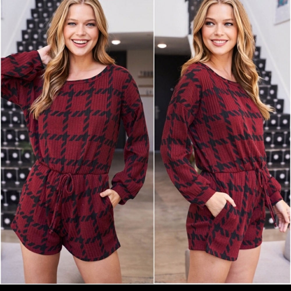 Wine plaid long sleeve weekend romper